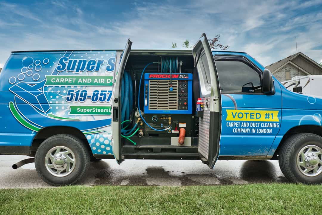Super Steam duct cleaning and steam cleaning trucks with truck mounted steam cleaning and duct cleaning equipment.